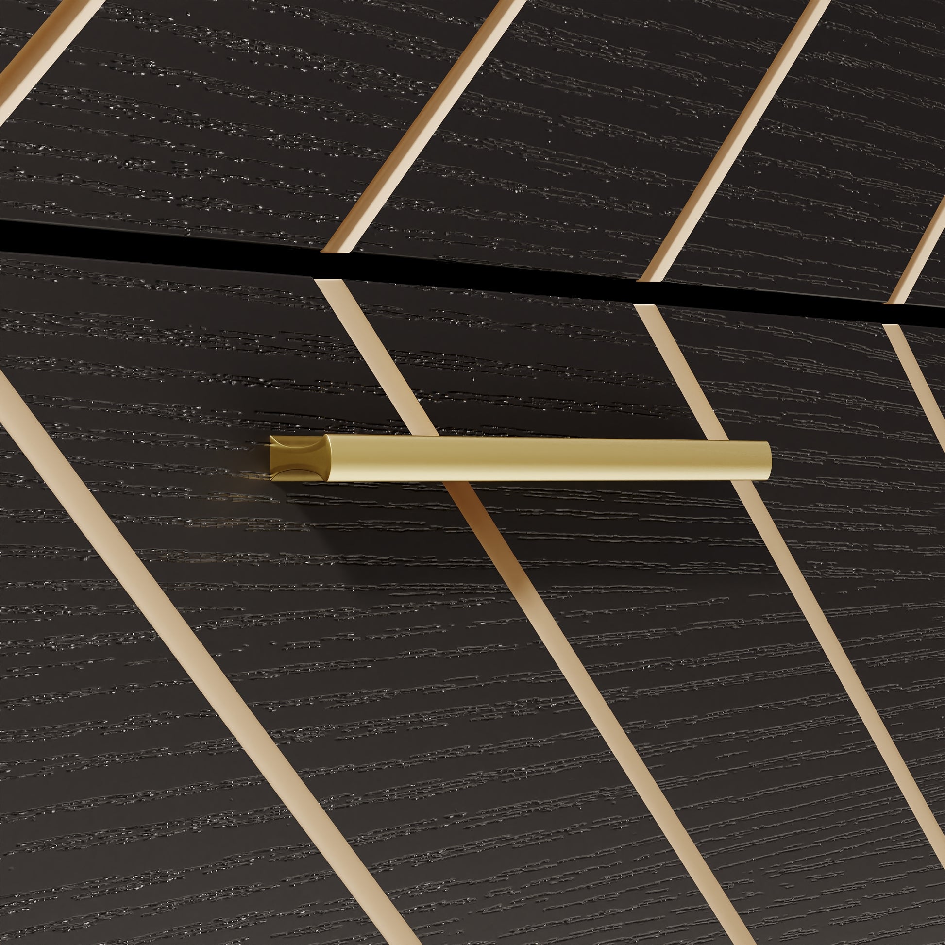 Black textured wood drawer with brushed brass bar pull