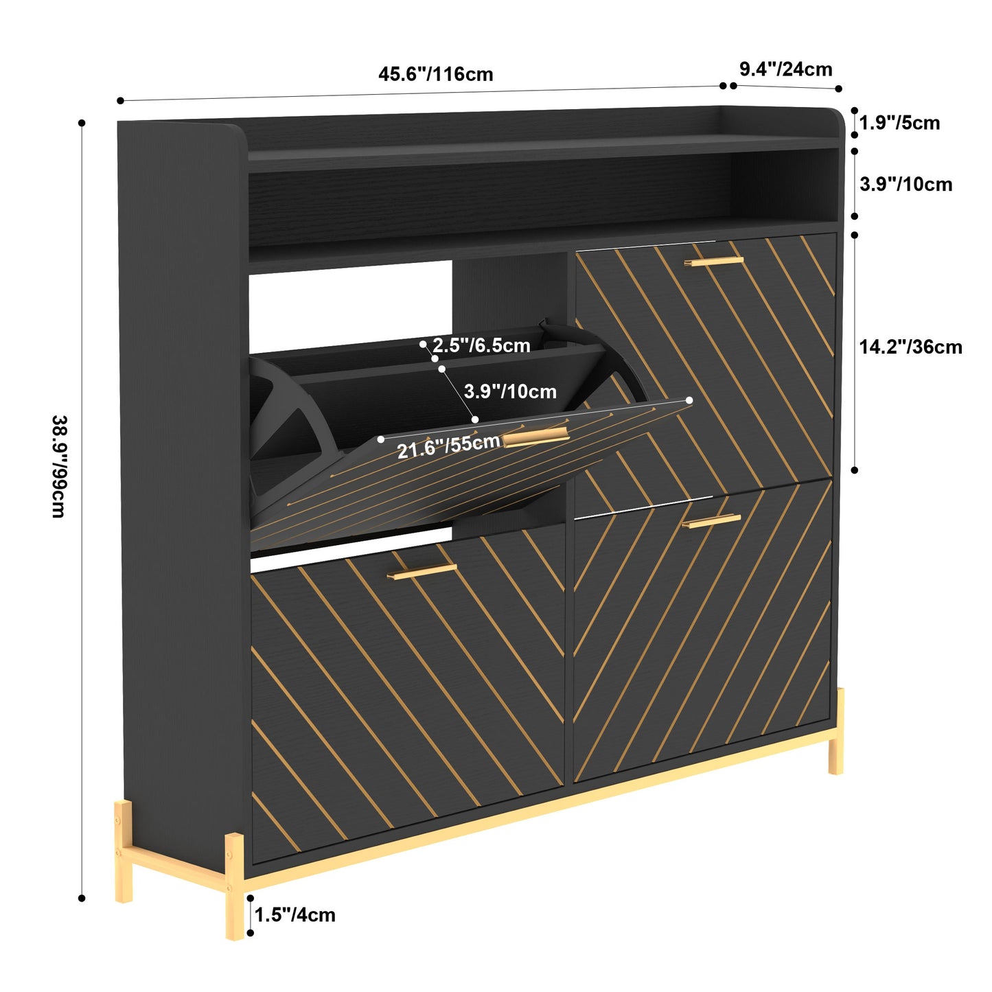 Black shoe cabinet with angled gold stripe design and open flipout drawer