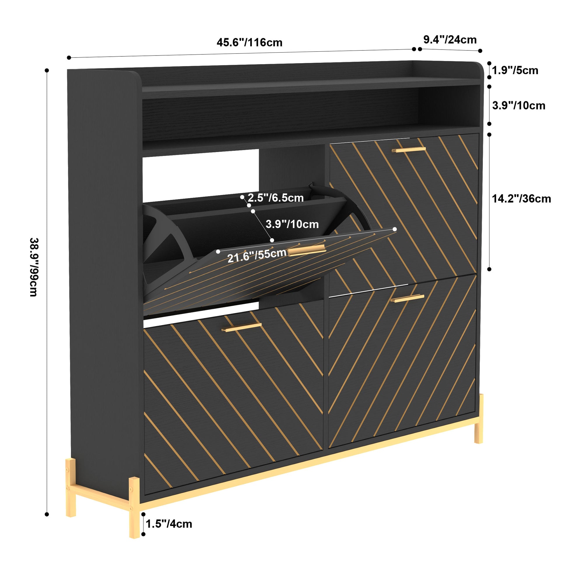 Black shoe cabinet with angled gold stripe design and open flipout drawer