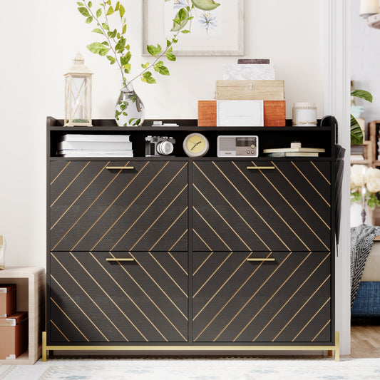Dark grey entryway shoe cabinet with gold accents