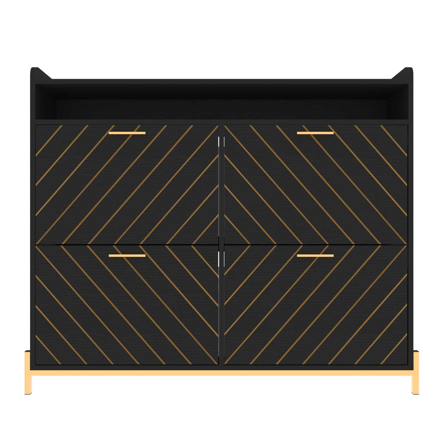 Black accent cabinet with gold stripe pattern and gold legs