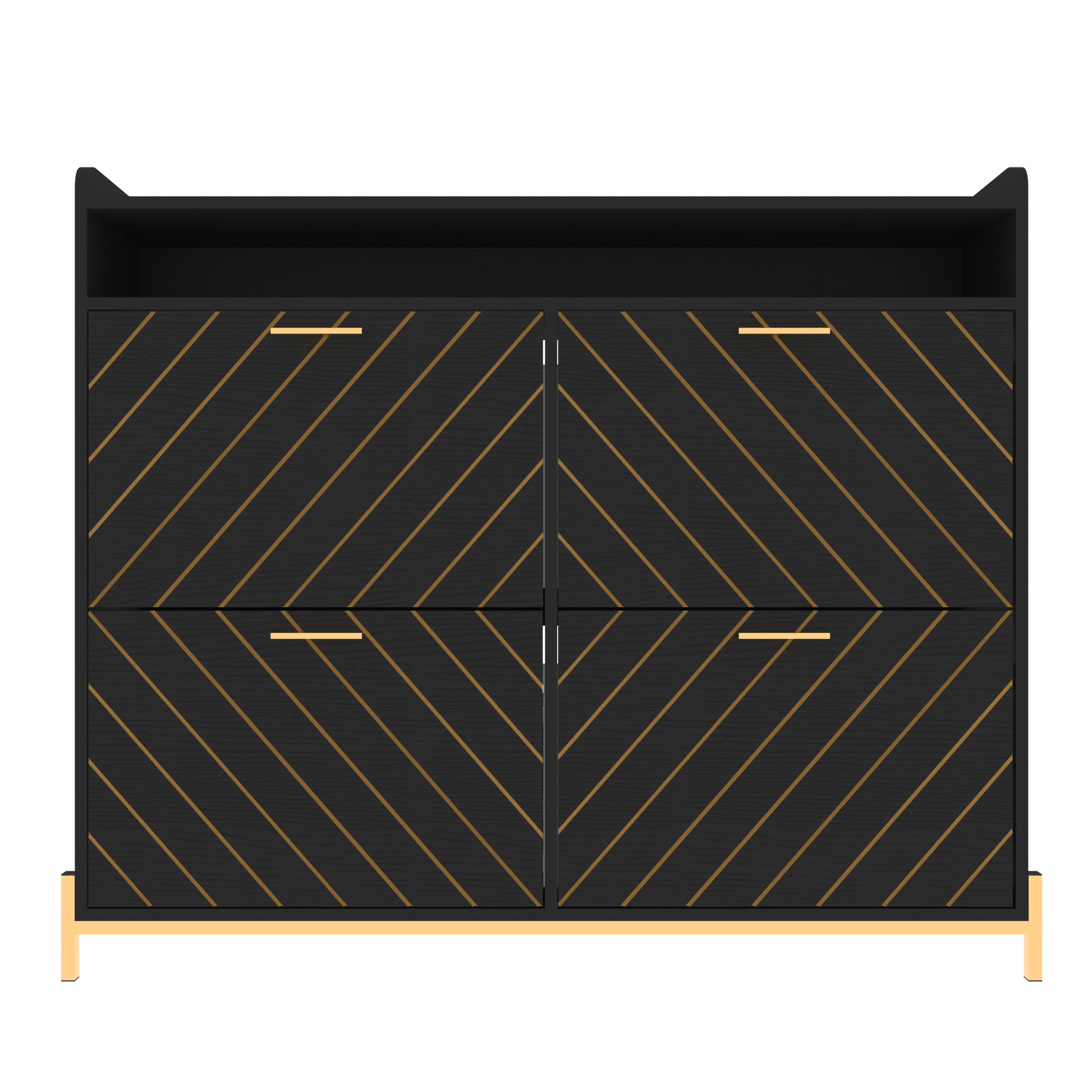 Black accent cabinet with gold stripe pattern and gold legs