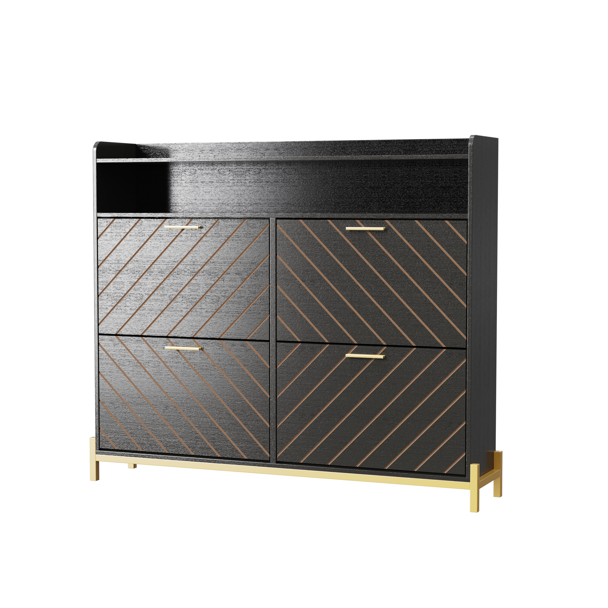 Black wood shoe cabinet with gold accents and diagonal stripe detailing