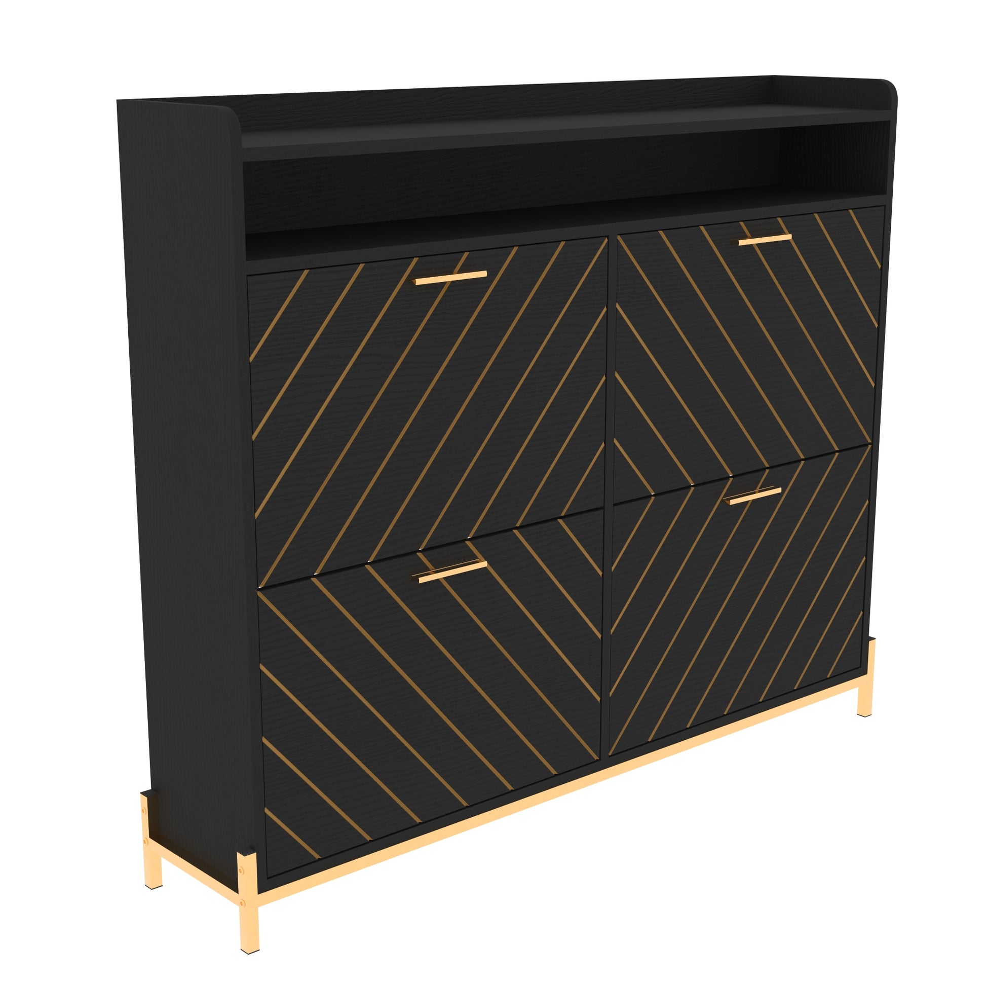 Black entryway cabinet with gold accents and chevron pattern