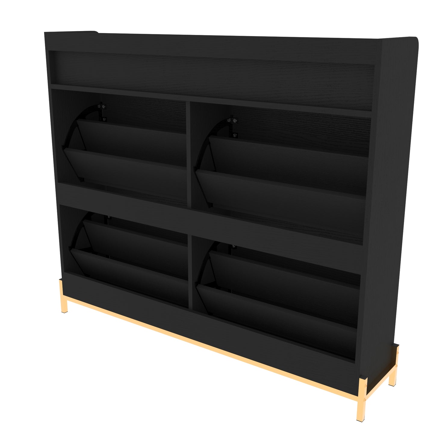 Black wooden shoe cabinet with four flipout compartments and gold metal legs