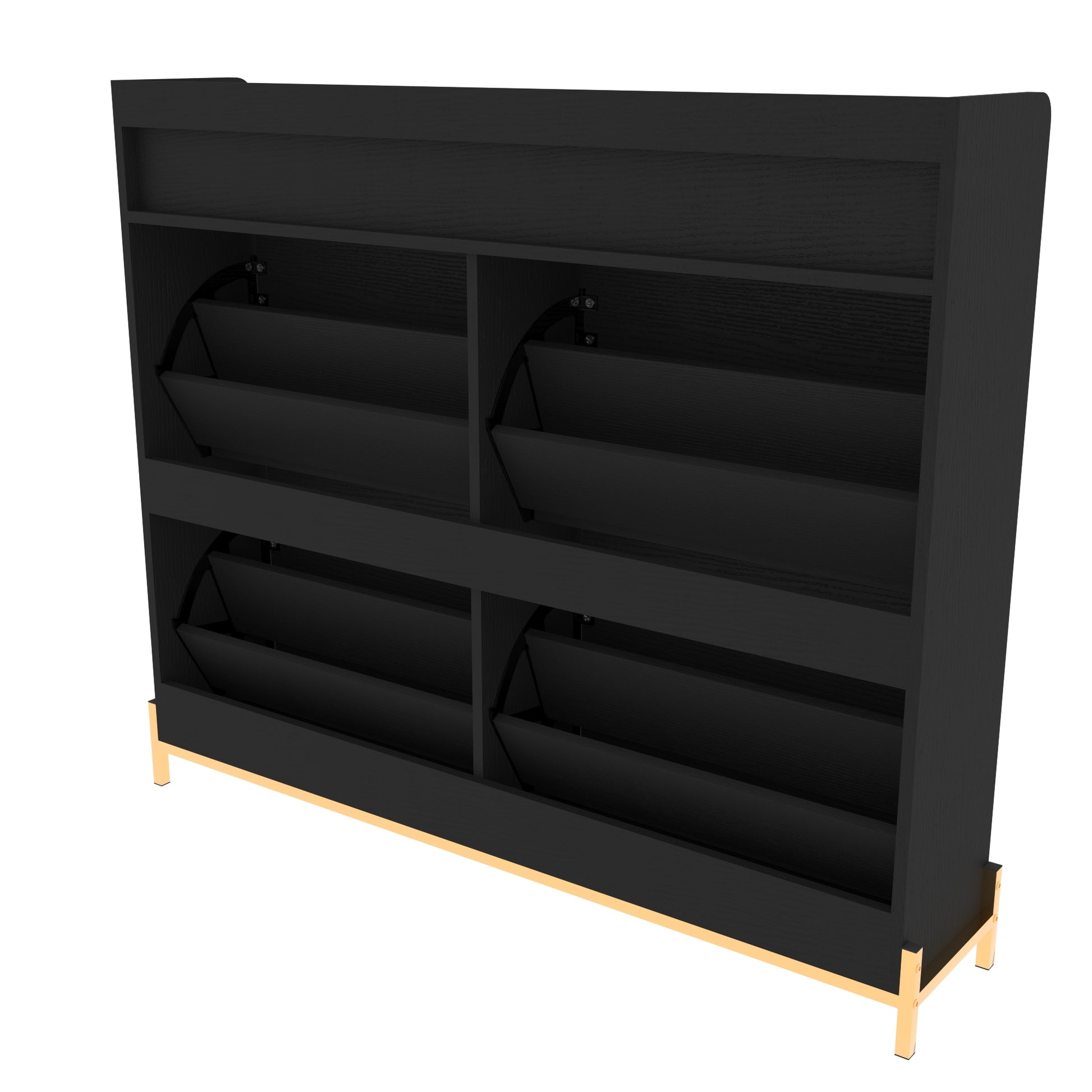 Black wooden shoe cabinet with four flipout compartments and gold metal legs