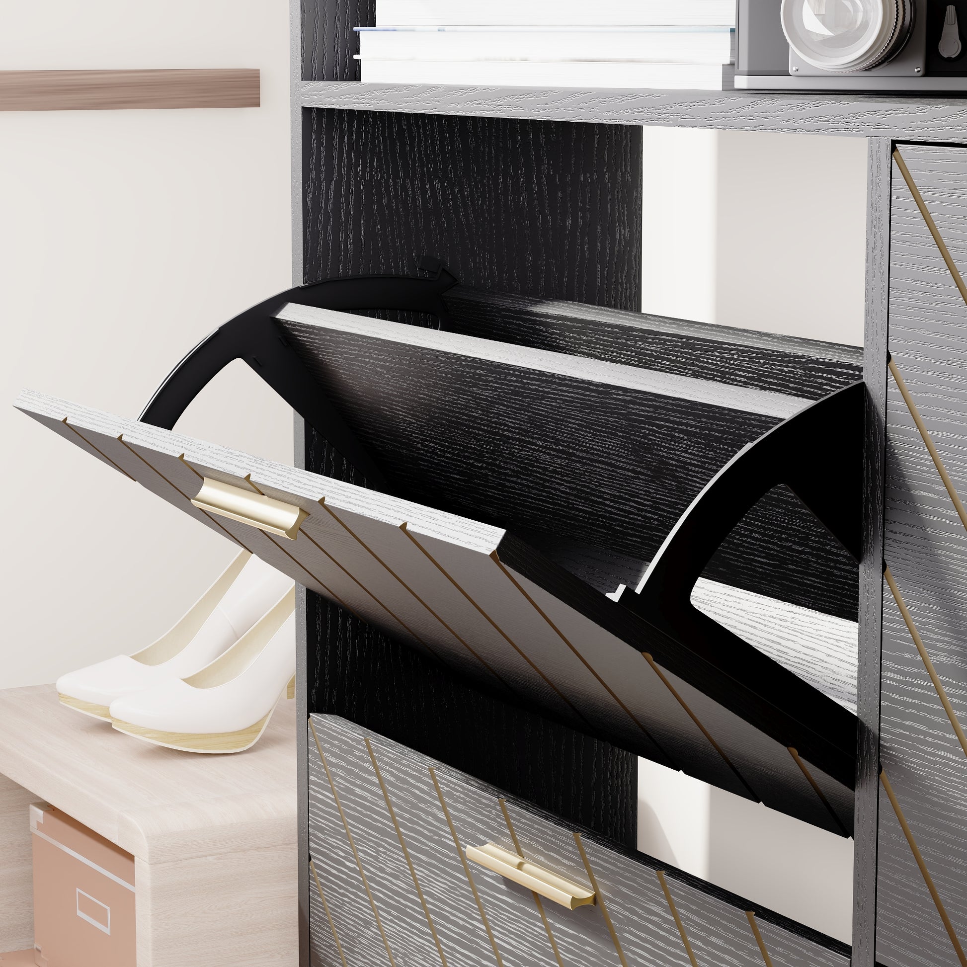 Modern gray shoe cabinet with open flip drawer and white heels
