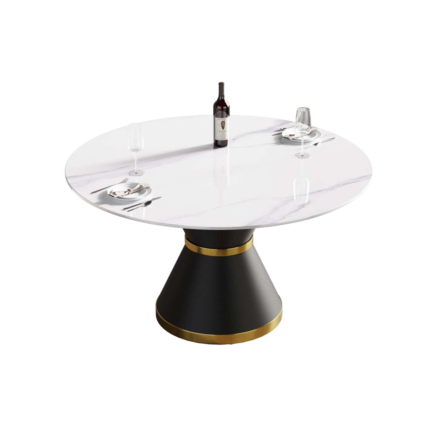 White marble dining table with black pedestal base and gold trim