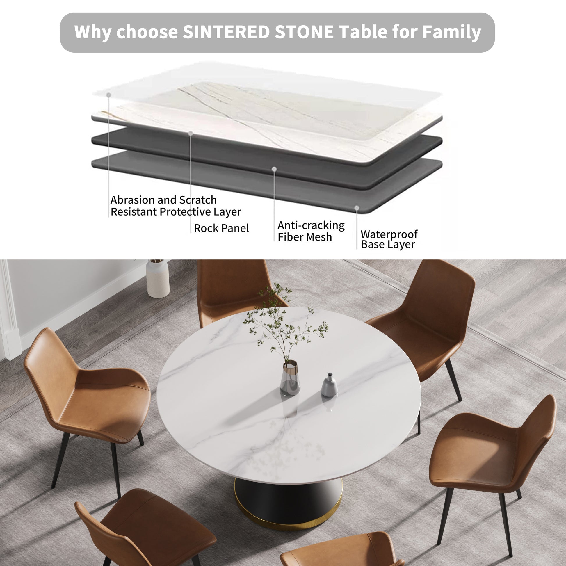 Round white marble sintered stone dining table with golden base