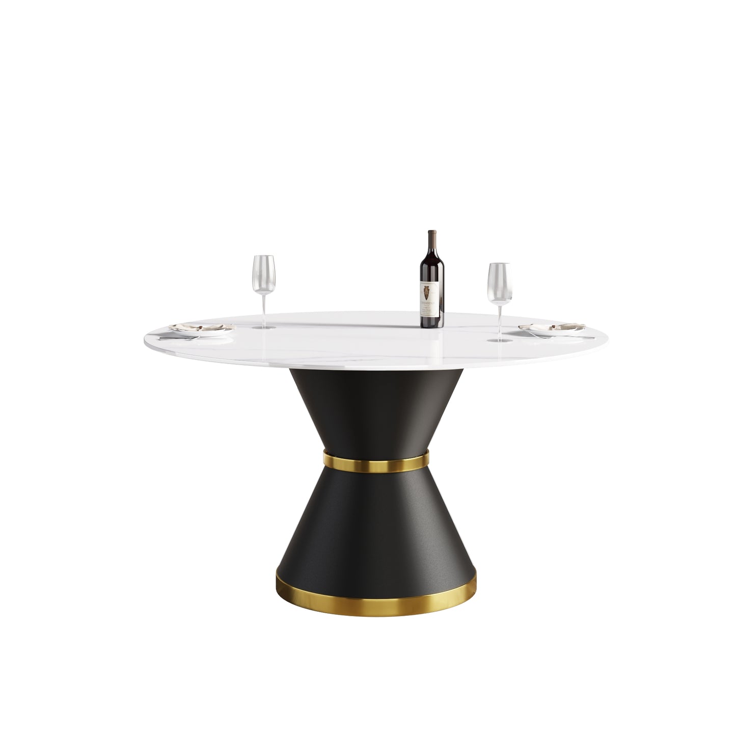 Modern round dining table with white marble top and black hourglass pedestal base with gold trim