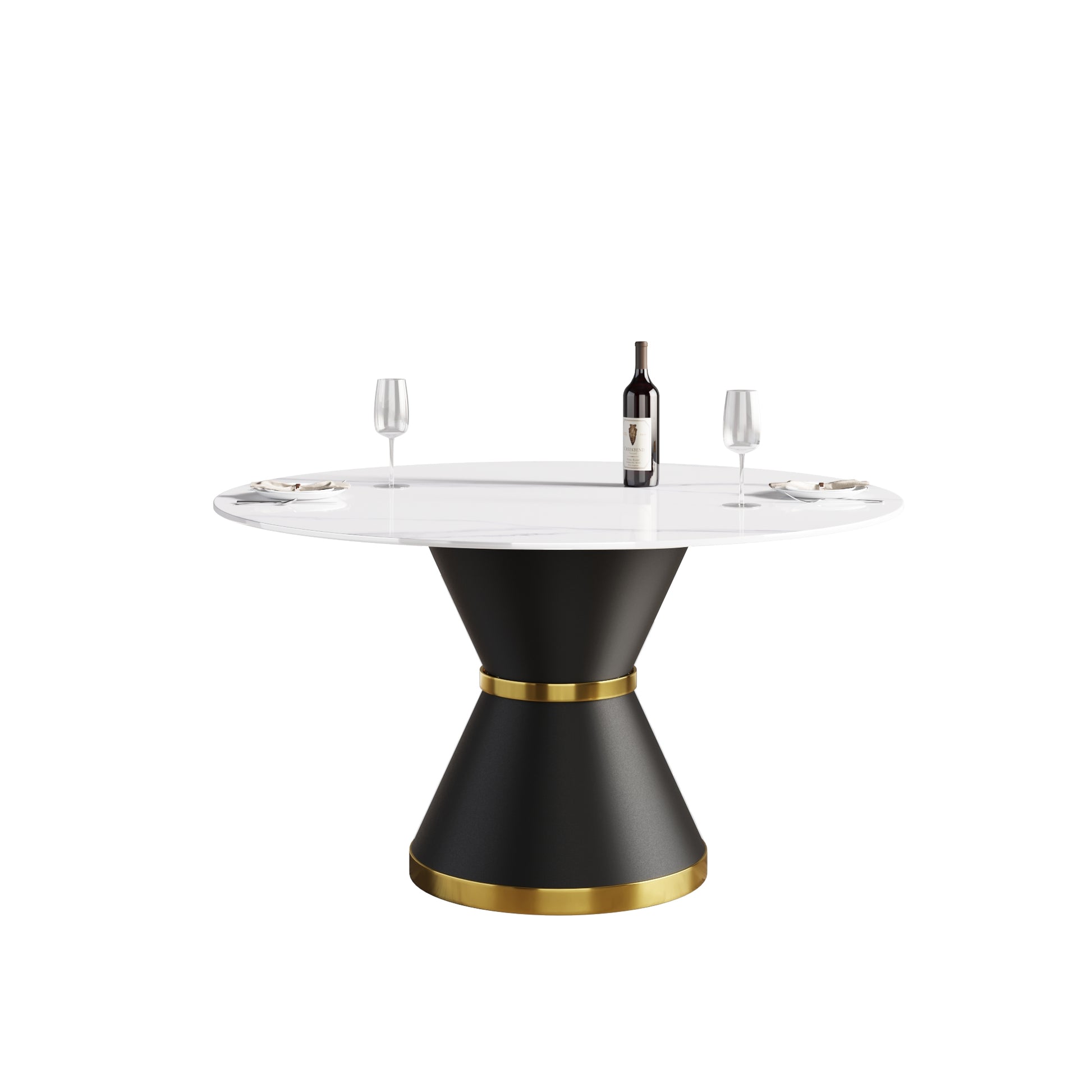 Modern round dining table with white marble top and black hourglass pedestal base with gold trim