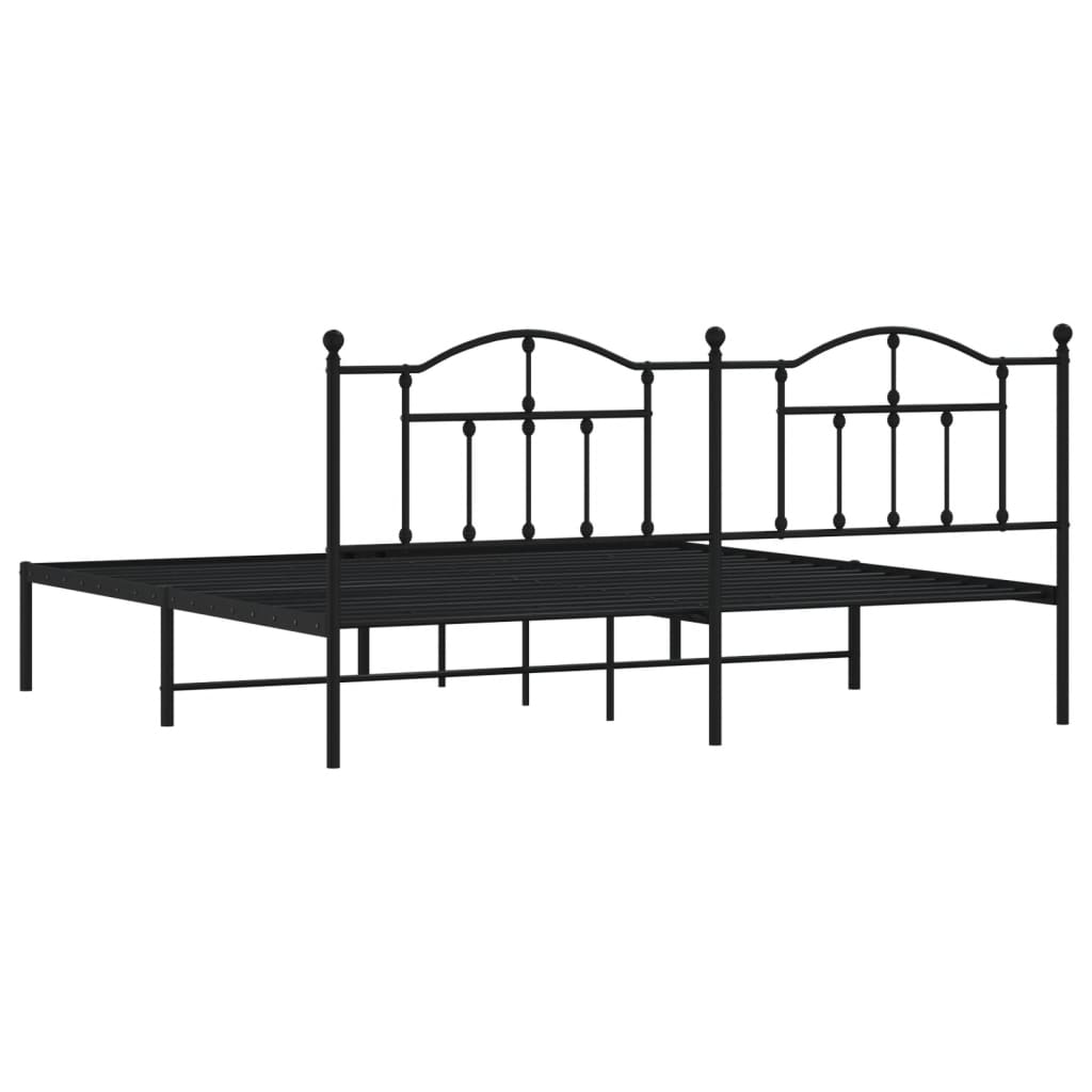 Black metal bed frame with ornate headboard and footboard