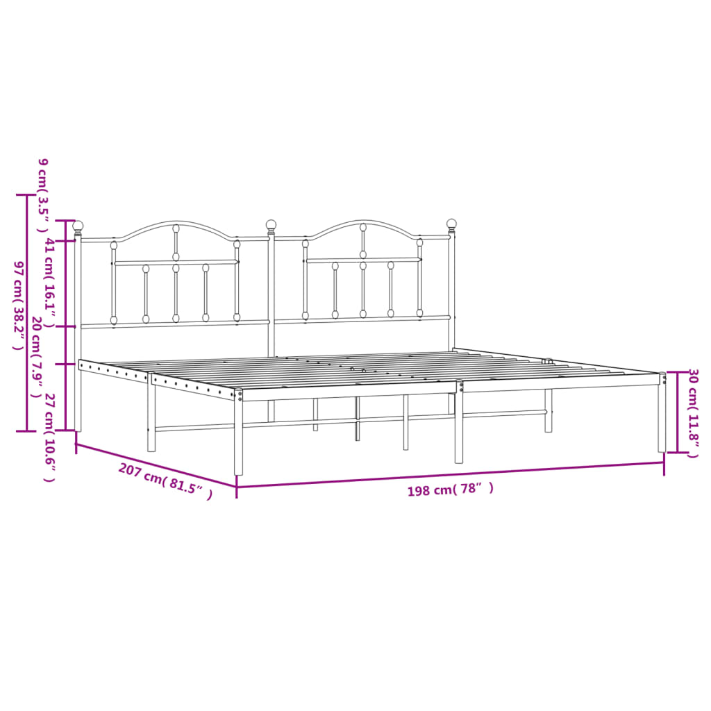 Black metal platform bed frame with ornate headboard