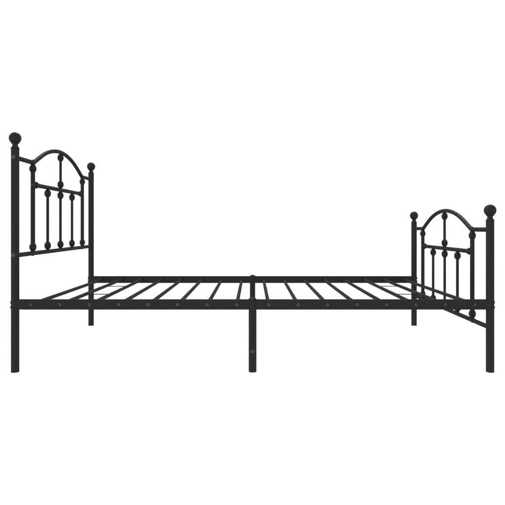 Black metal twin bed frame with mattress featuring a decorative headboard and footboard