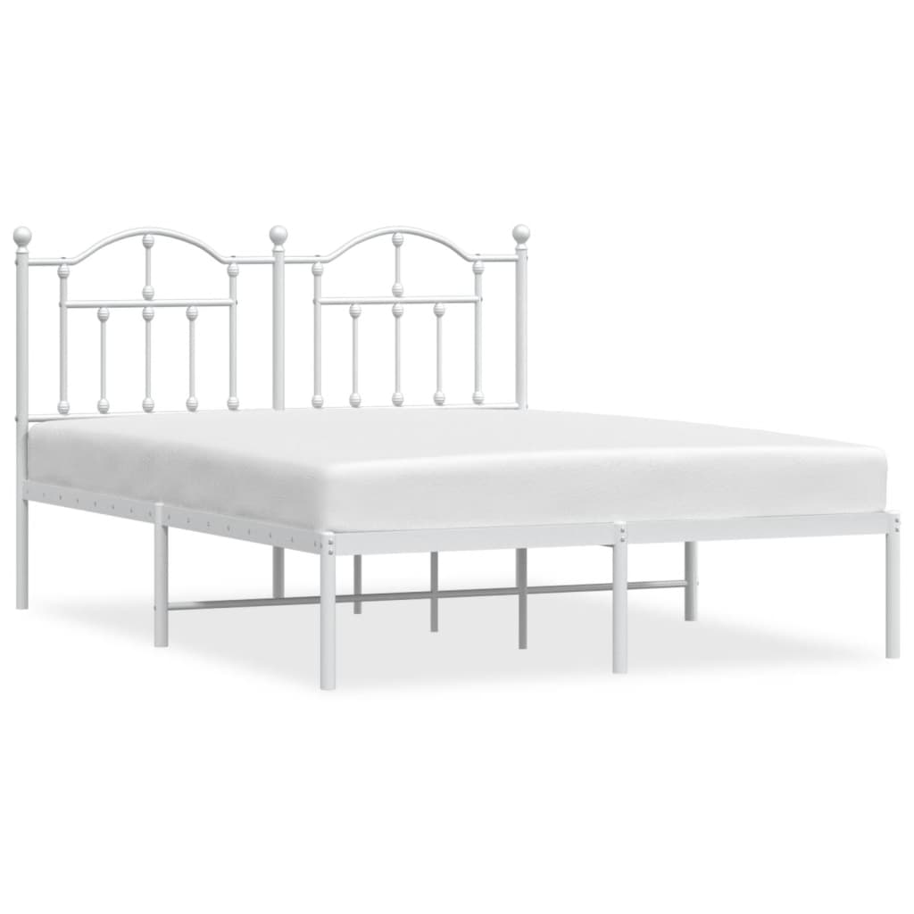 White metal bed frame with ornate headboard and footboard showing dimensions
