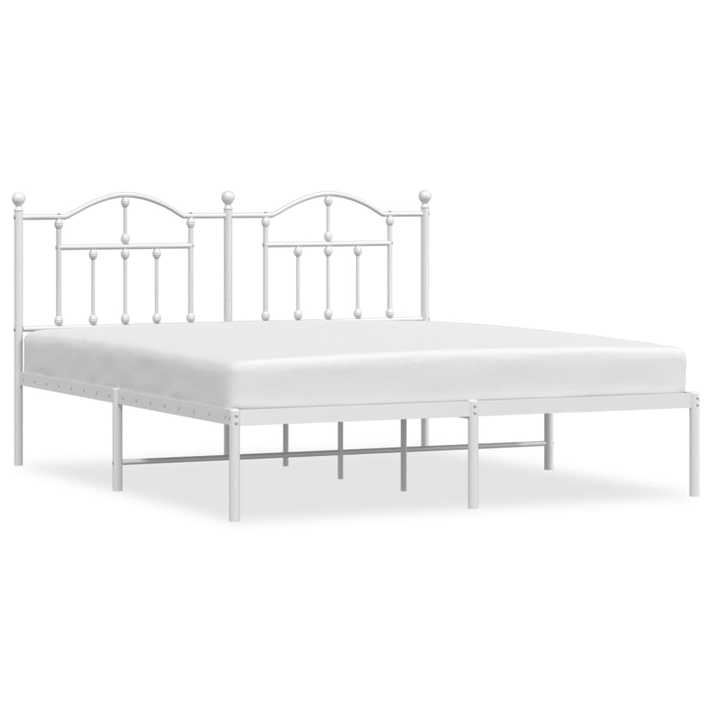 White metal bed frame with ornate headboard and footboard showing dimensions