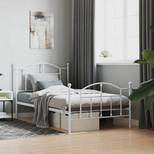 Classic white metal bed frame with ornate headboard and footboard
