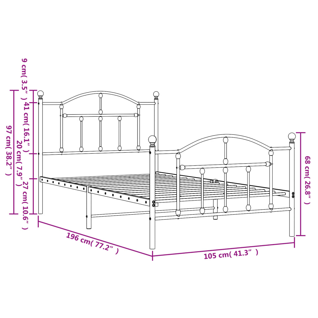 White metal bed frame with arched headboard and footboard