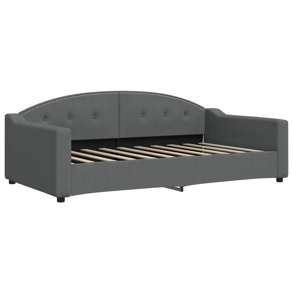 White upholstered daybed with detailed dimensions for the mattress and frame