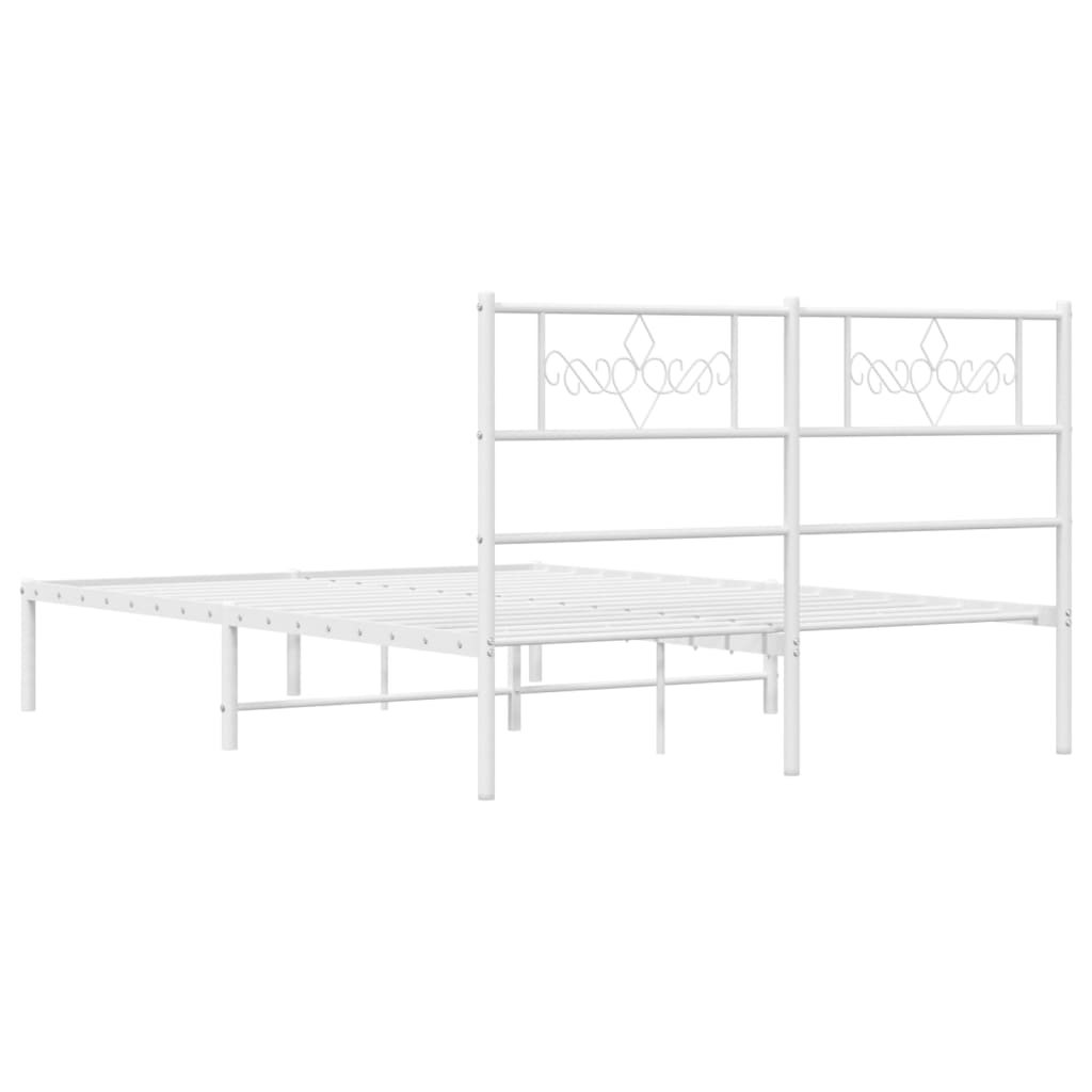 White metal platform bed frame with decorative headboard