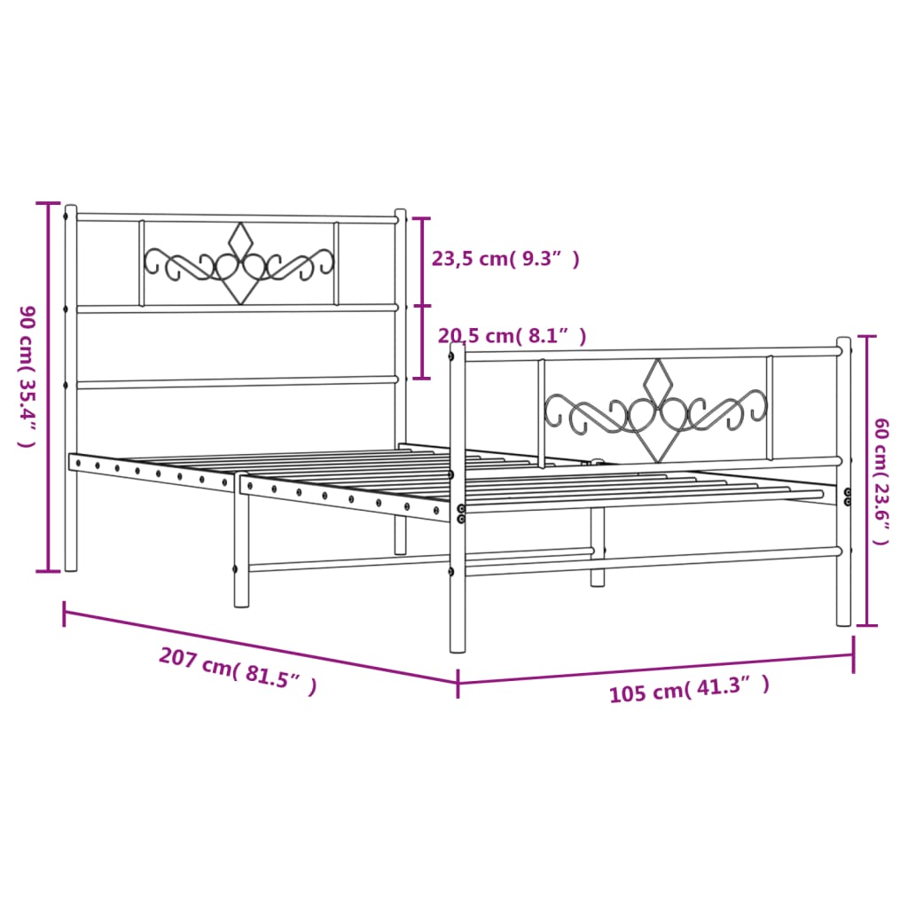 White metal twin bed frame with decorative headboard
