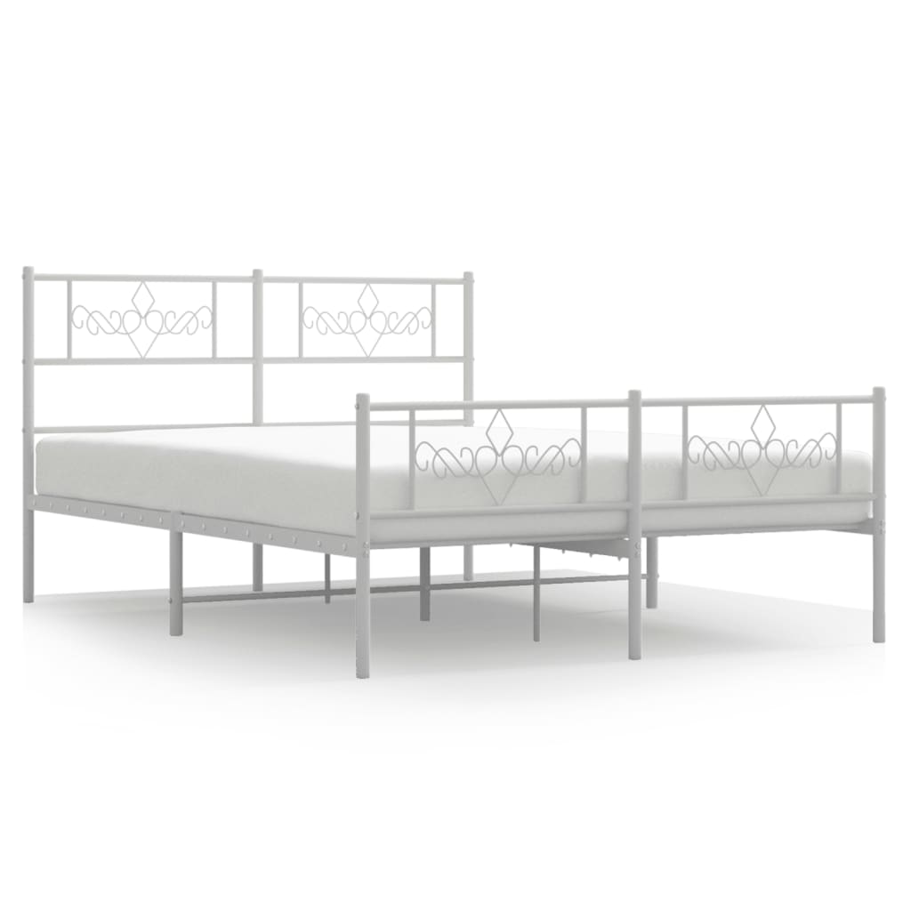 White metal bed frame with ornate headboard and footboard featuring dimension lines