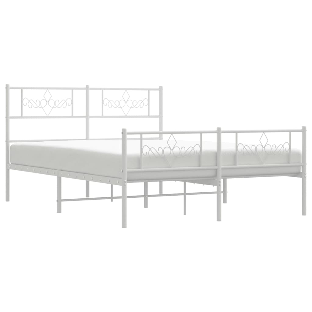 White metal bed frame with ornate scrollwork headboard and footboard