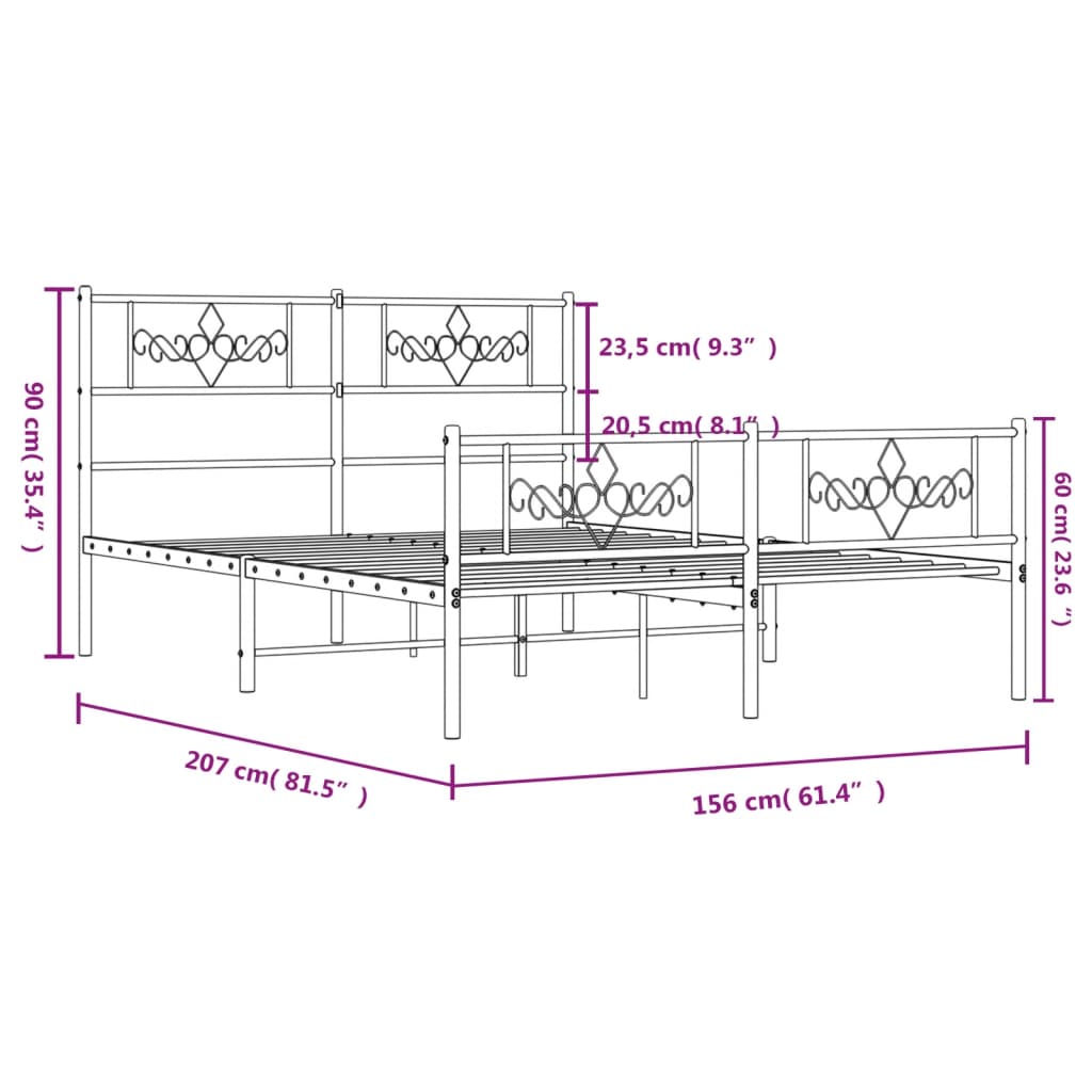White metal bed frame with decorative scroll headboard and footboard