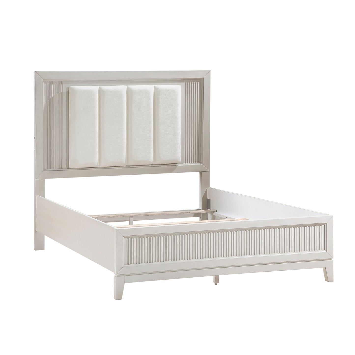 Modern white upholstered panel bed frame with ribbed details