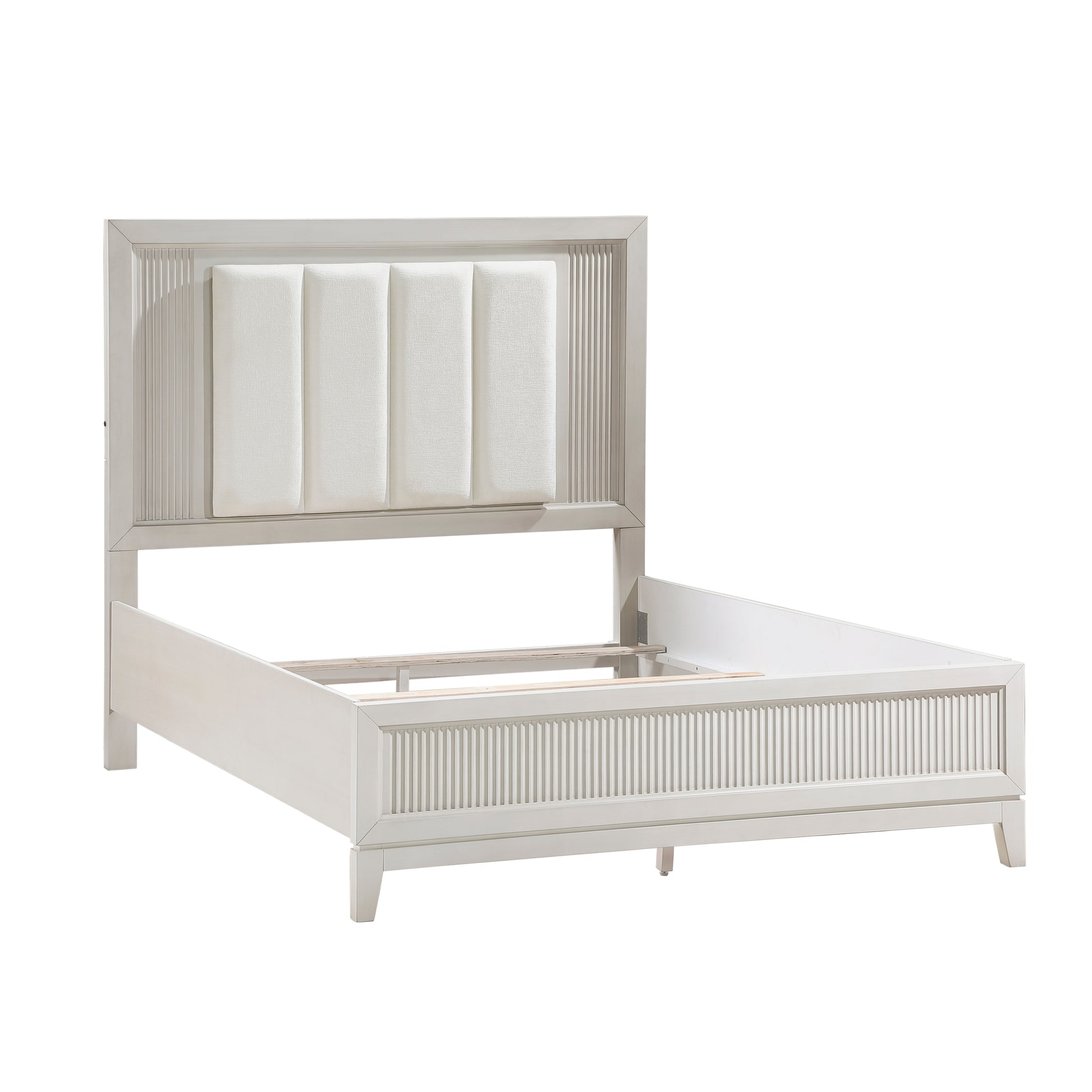 Modern white upholstered panel bed frame with ribbed details