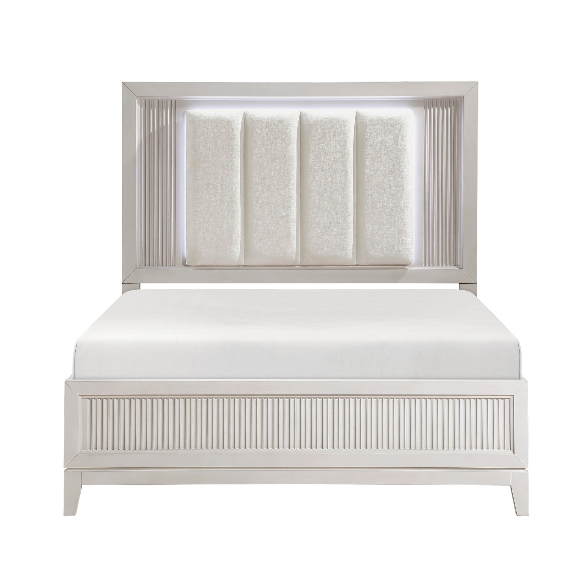 Modern grey wood platform bed with upholstered headboard and builtin LED lighting