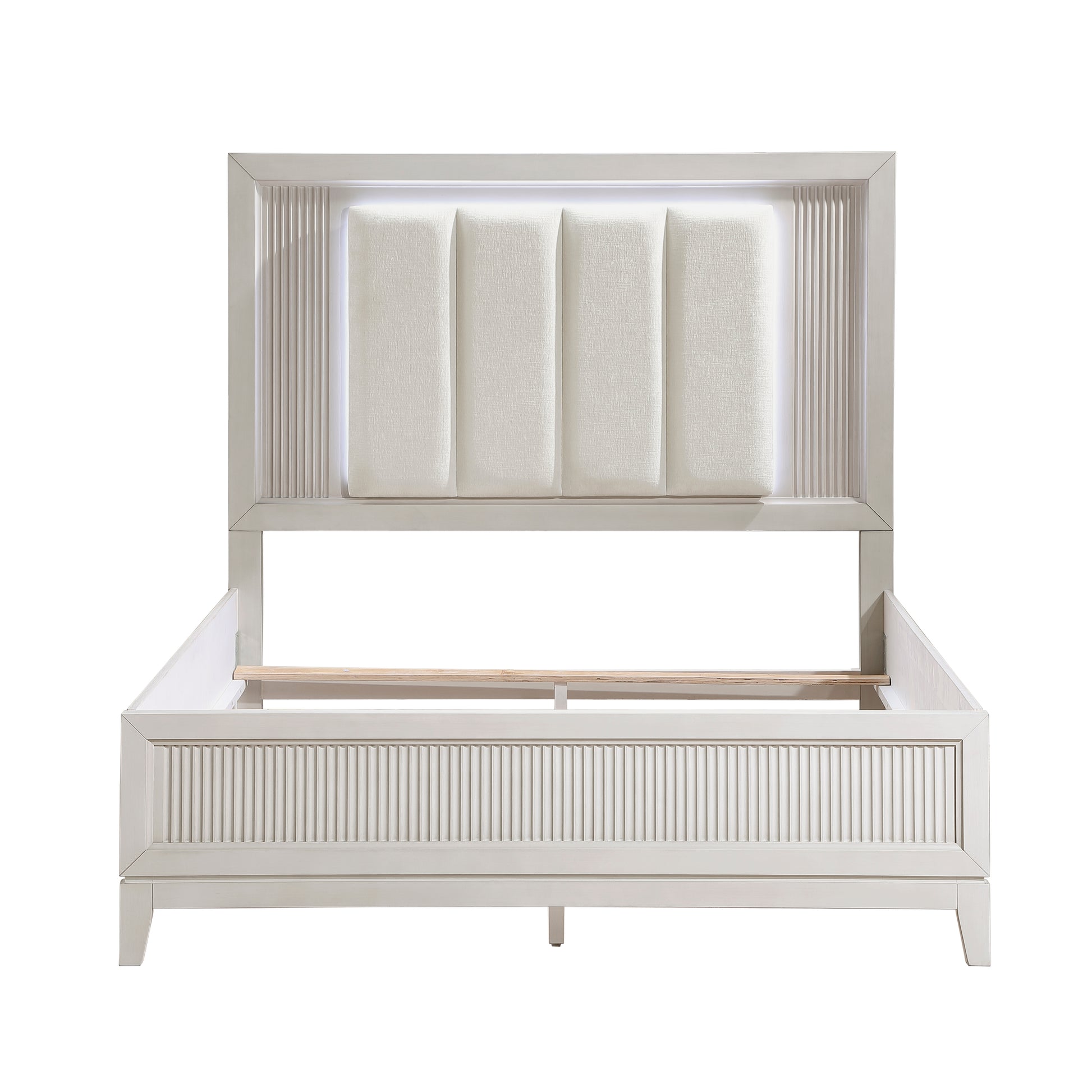 Cream upholstered modern bed frame with fluted details
