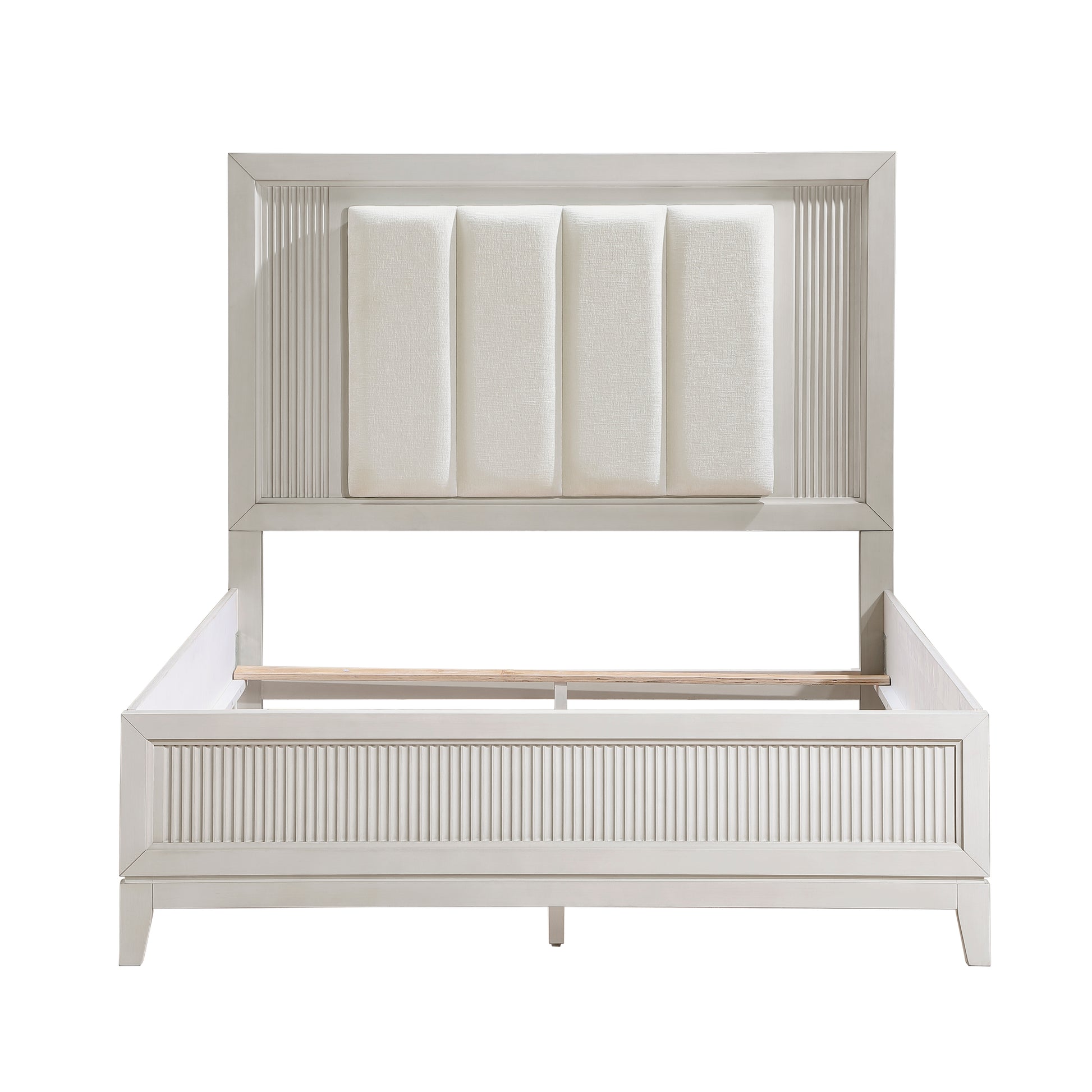Cream upholstered headboard bed frame with ribbed details