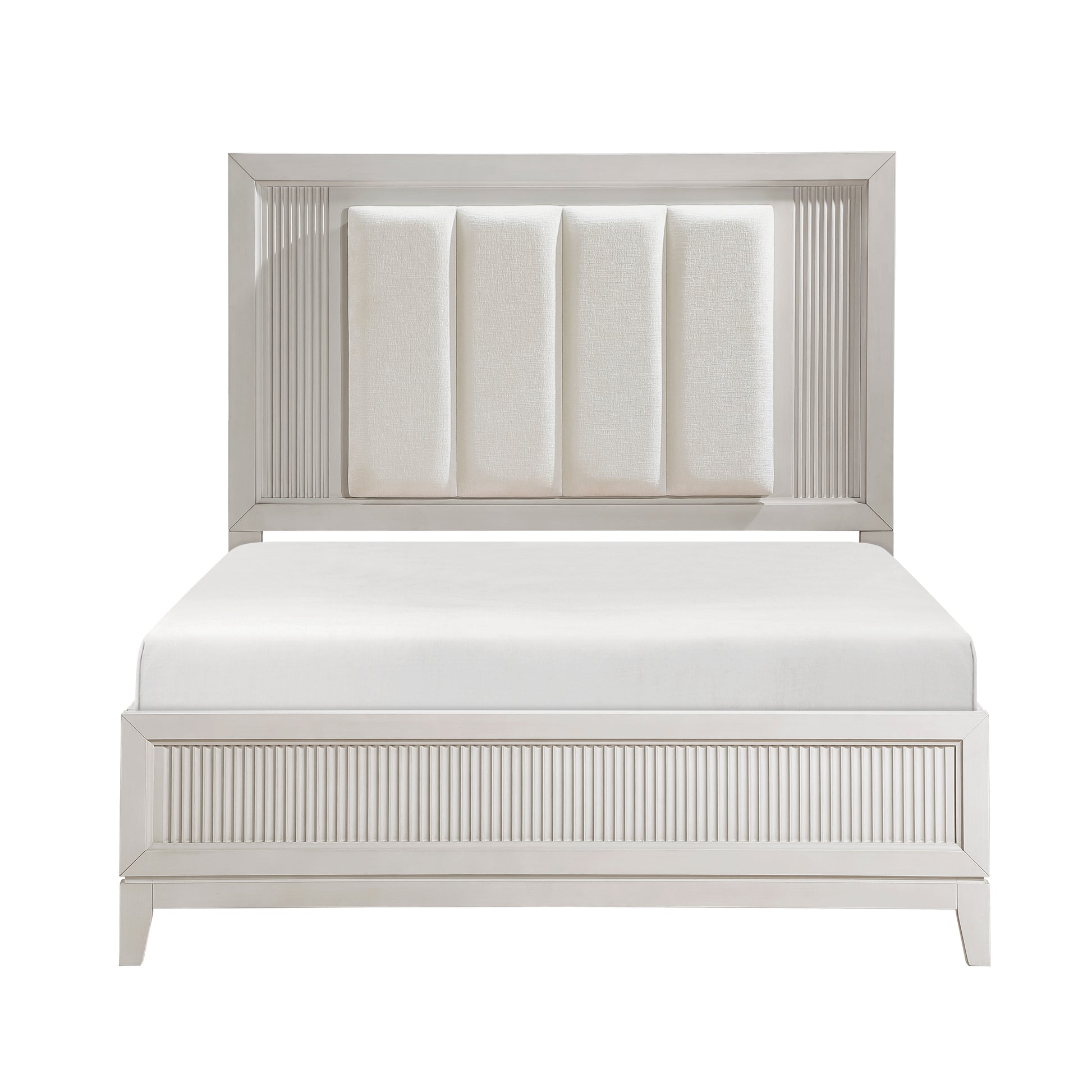 White upholstered panel bed frame with fluted details
