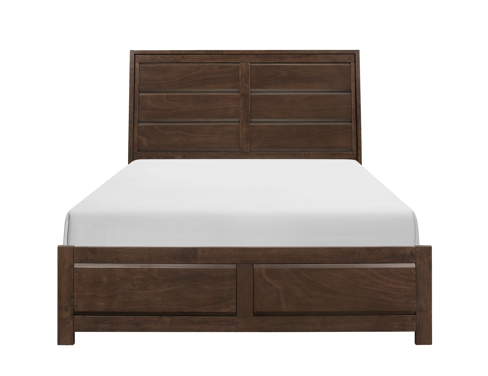 Dark brown wooden queen bed frame with a plank headboard and two drawers
