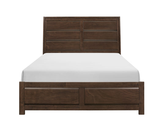 Dark brown wooden queen bed frame with a plank headboard and two drawers