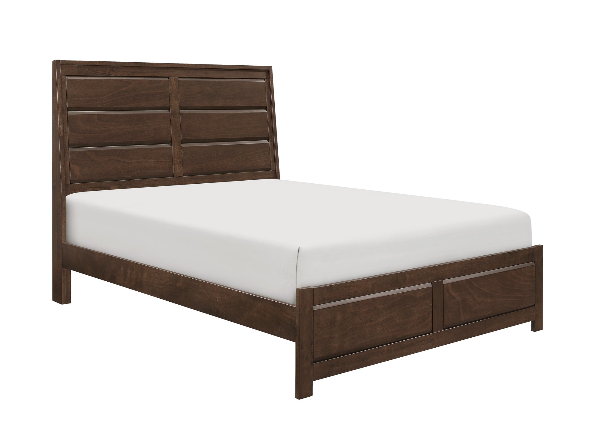 Dark brown wooden platform bed frame with horizontal panel headboard and footboard