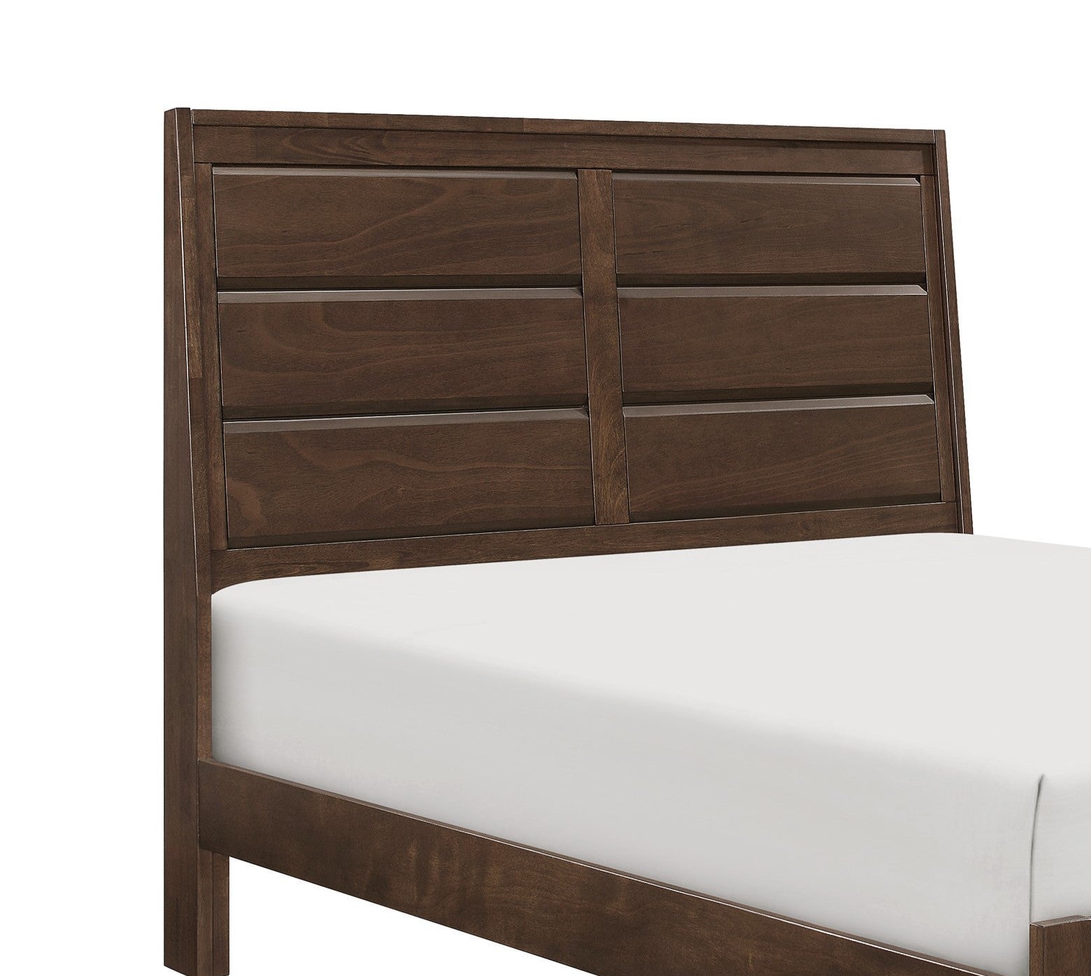 Dark brown wood headboard with horizontal paneling