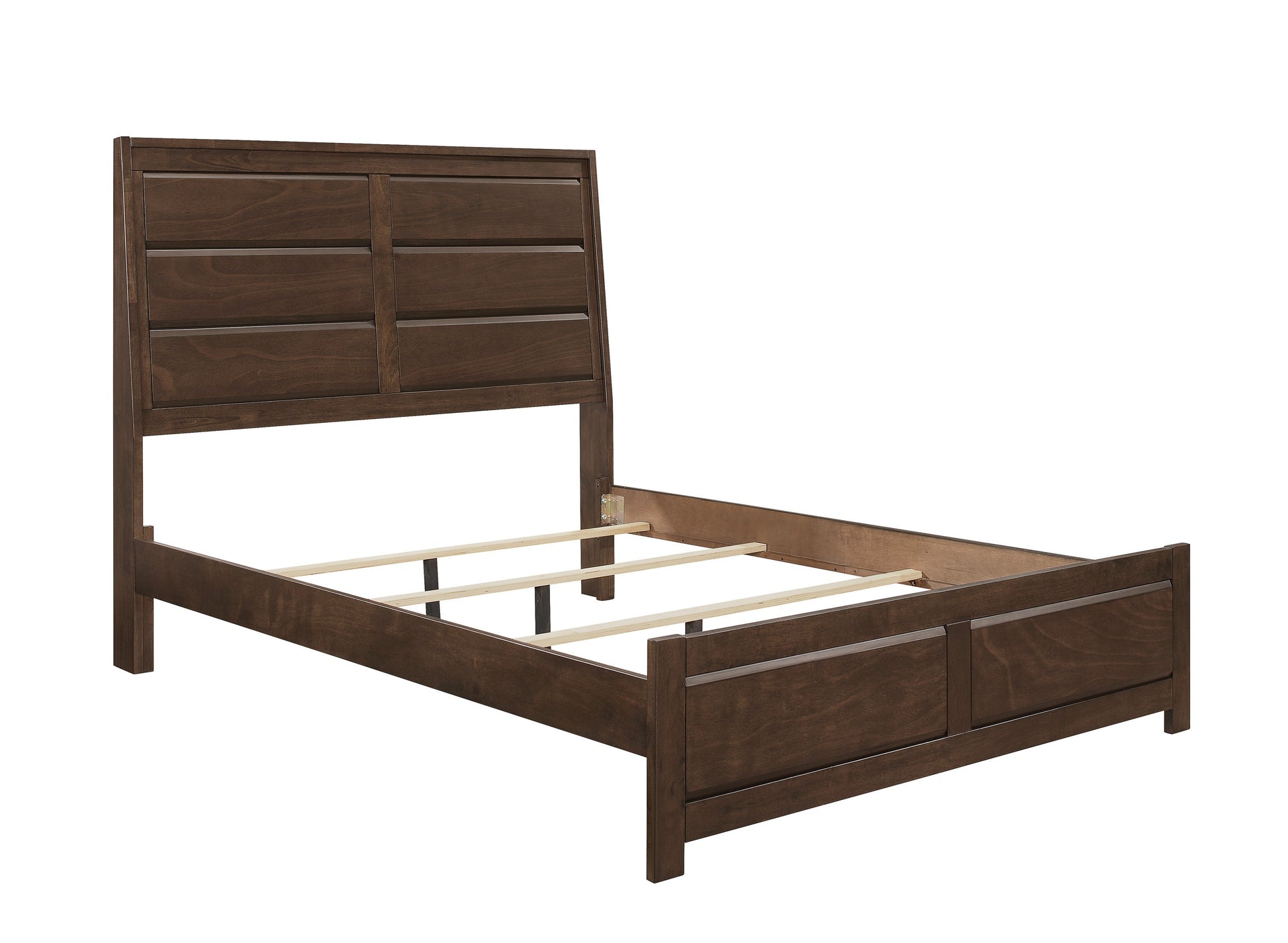 Dark brown wooden twin bed frame with horizontal slatted headboard and footboard