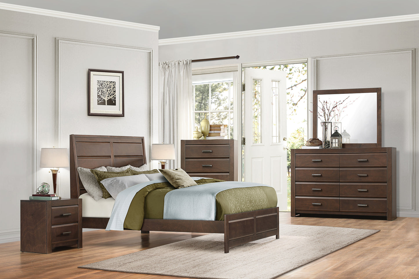 Brown wood king bed with upholstered headboard and layered bedding