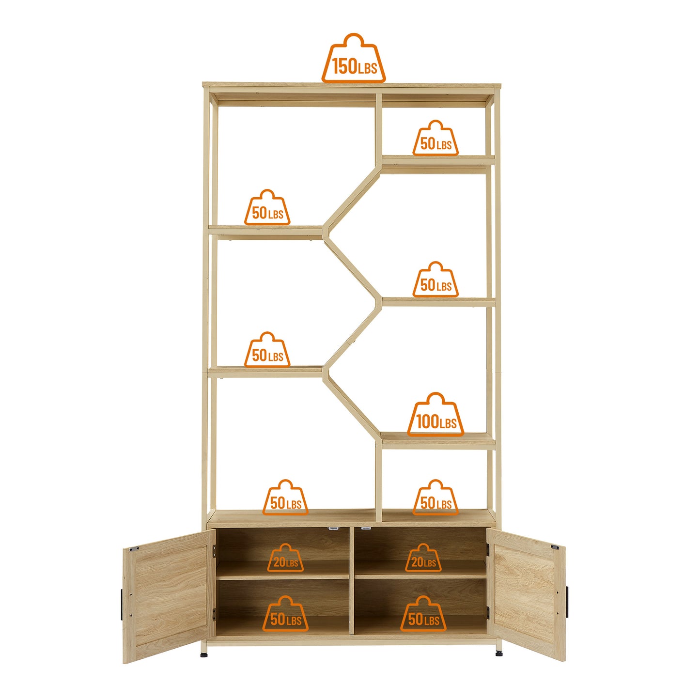 Light wood bookshelf with open shelving and two lower cabinets