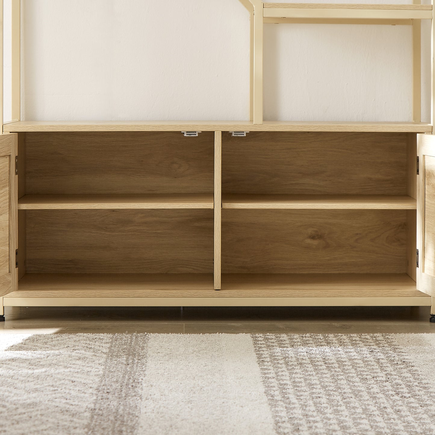 Light oak wood media console with open shelving