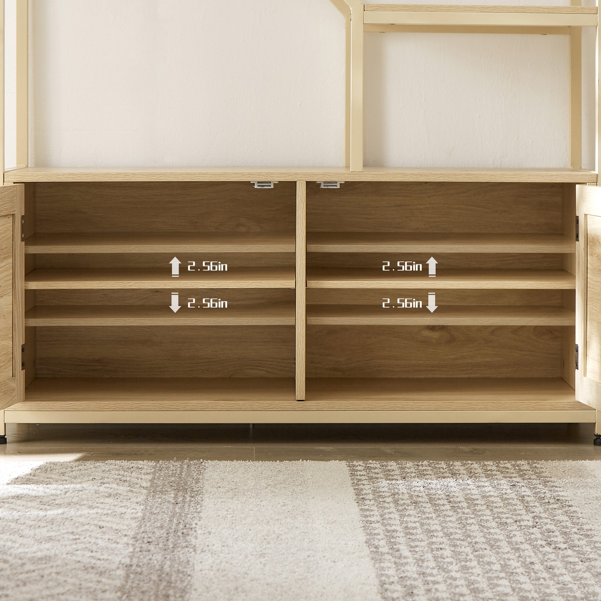 Light oak shoe cabinet with three shelves per section and inset handles