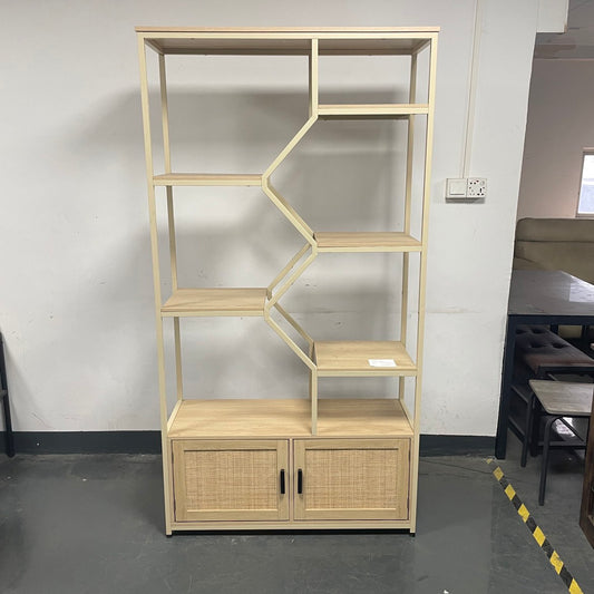 Modern wood and metal bookshelf with woven cabinet doors