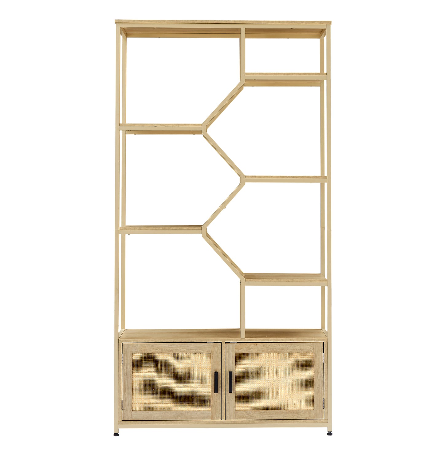 Tall wood bookcase with cane cabinet doors