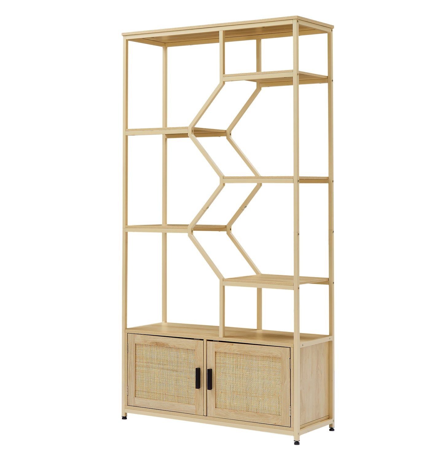 Tall beige metal bookshelf with wood shelves and two rattan cabinet doors