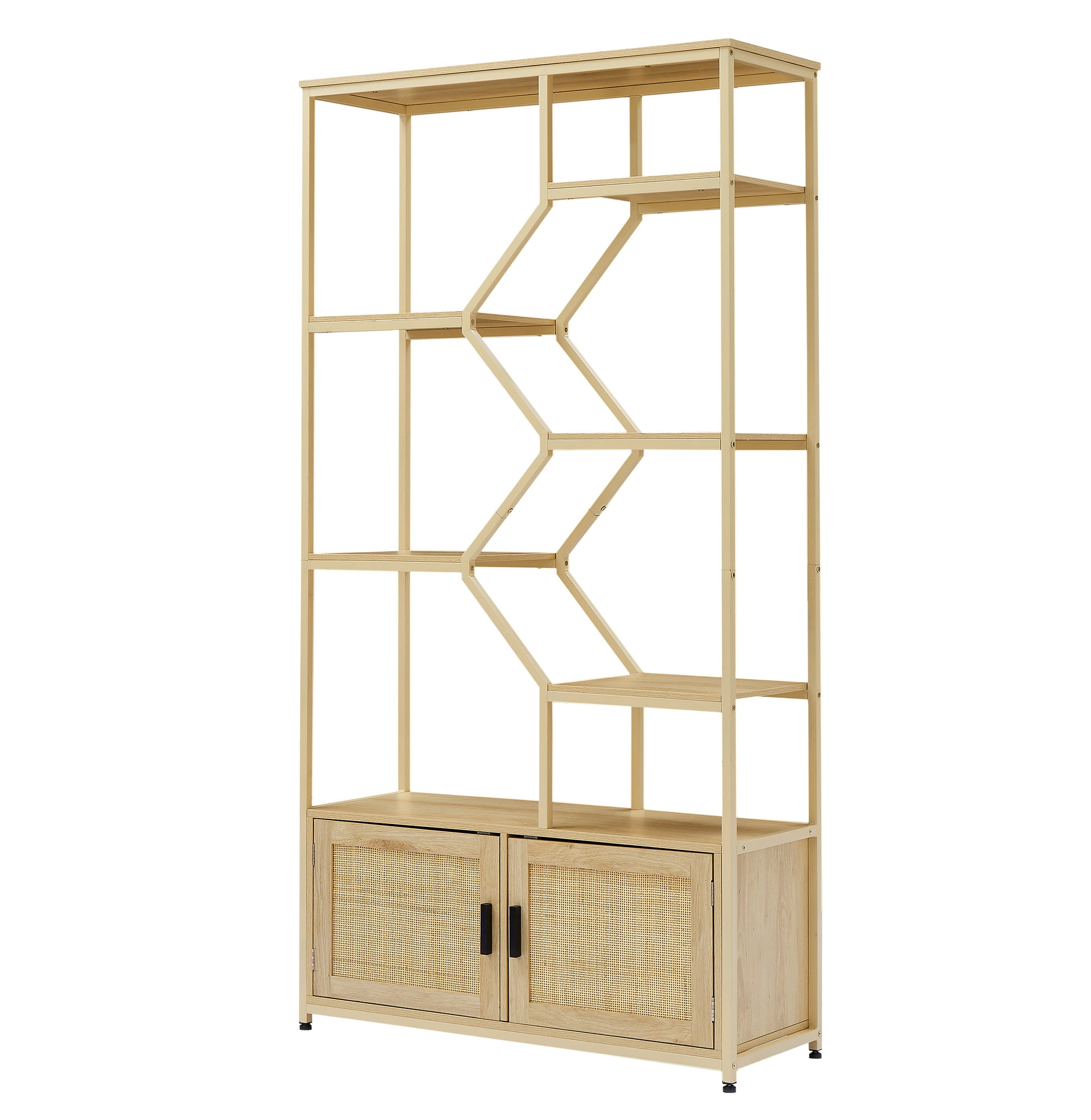 Tall beige metal bookshelf with wood shelves and two rattan cabinet doors