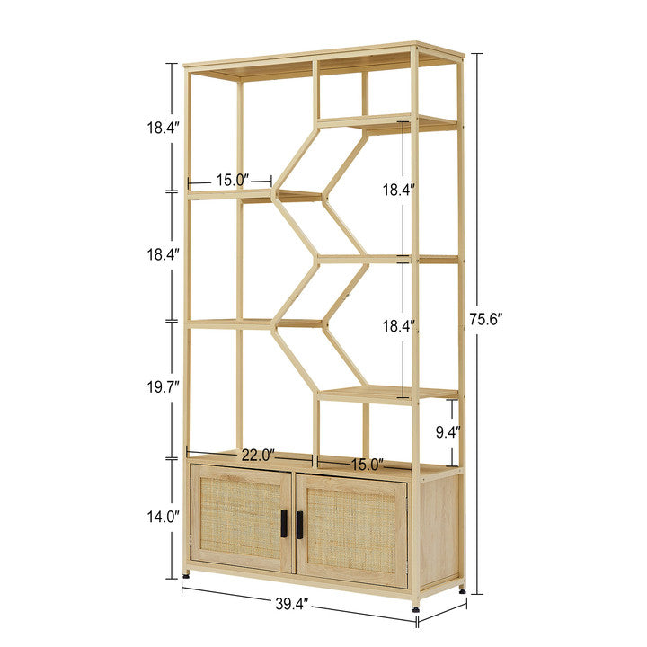 Modern gold metal bookshelf with woven cabinet doors and geometric shelving