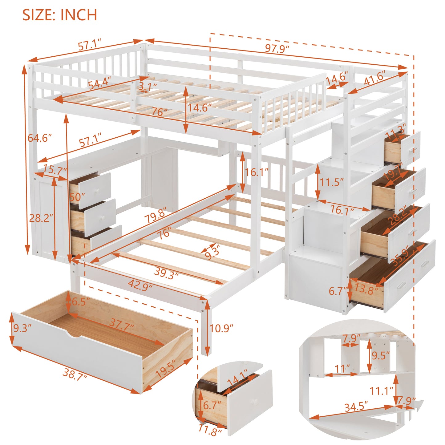 White twin over twin bunk bed with stairs and storage drawers