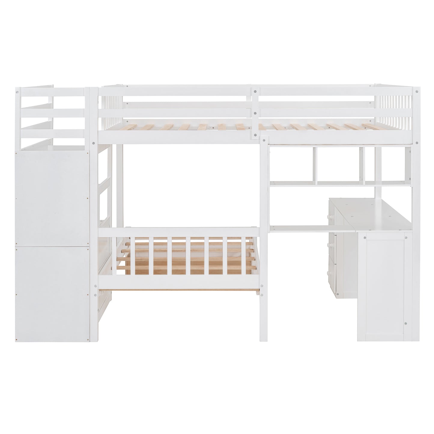 White wooden bunk bed with stairs and desk